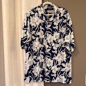 Brandini Men's Tropical Floral Silk Navy & Cream Shirt, Resort Vacation, Size L
